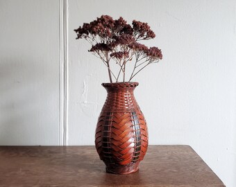 Chinese Wicker Wrapped Bud Vase with Ceramic Liner - Brown and Black Natural Wrapped Bottle - A063