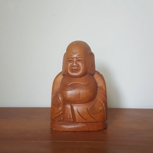 Vintage Hand-Carved Wood Buddha Statue - 1970s Decor