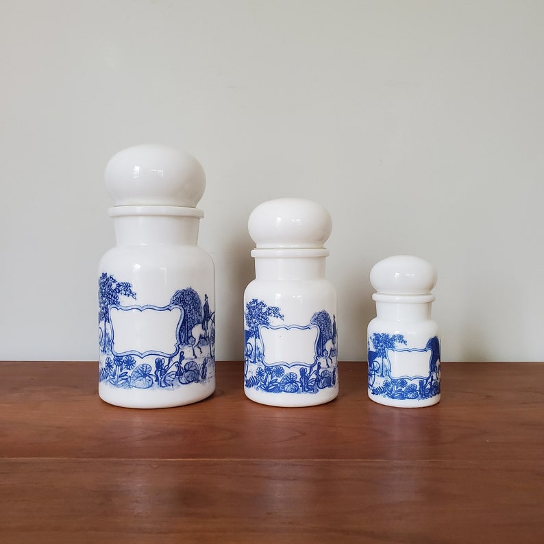 Set of 3 milk glass apothecary jars, made in Belgium, 1960s or 1970s, blue transferware, romantic carriage and horse scenes image 1