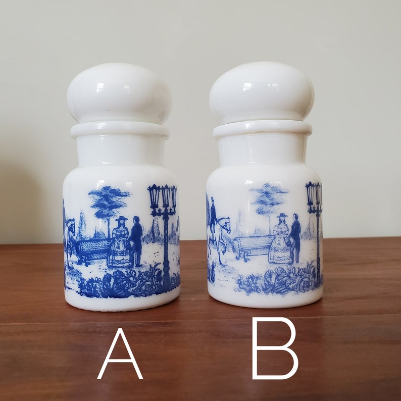 Set of 3 milk glass apothecary jars, made in Belgium, 1960s or 1970s, blue transferware, romantic carriage and horse scenes B