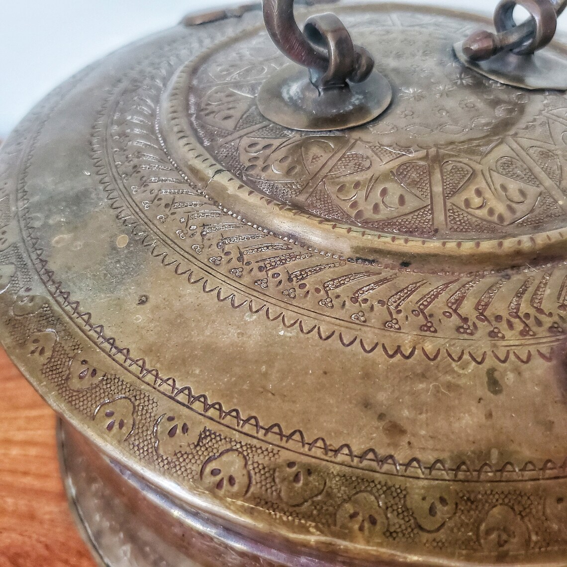 Antique Indian Brass Chapati Bread Box Ornate Embossing Etsy