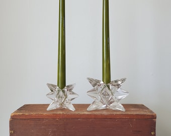 Pair of Graduated Starburst Candleholders - Set of 2, jaunty starburst in clear glass for tapers, Christmas or Year Round