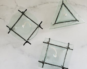 Post-Modern Glass and Iron Oil Lamps (3 available) - Modern Green Textured Glass, Indoor or Outdoor Use, Circle, Triangle, Square