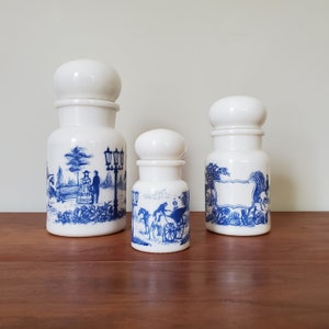 Set of 3 milk glass apothecary jars, made in Belgium, 1960s or 1970s, blue transferware, romantic carriage and horse scenes image 2