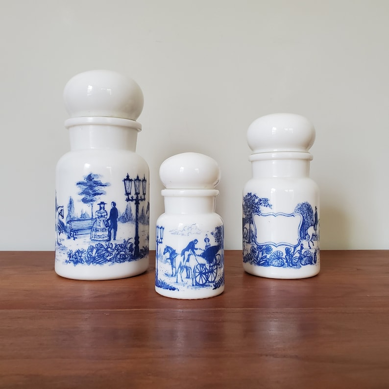 Set of 3 milk glass apothecary jars, made in Belgium, 1960s or 1970s, blue transferware, romantic carriage and horse scenes image 2