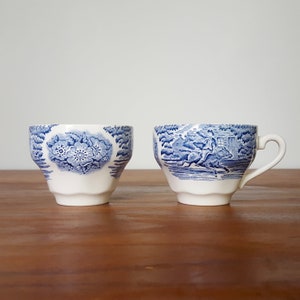 S/4 Blue Transferware Tea cups - Made in England, 1976 ironstone ceramic, set of four, blue and white, Staffordshire Liberty Blue Pattern