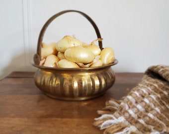 Scalloped Brass Bowl w/ Articulated Handle - Unique Easter Basket or Entryway storage Dish - solid unlacquered brass - Made in India - A259
