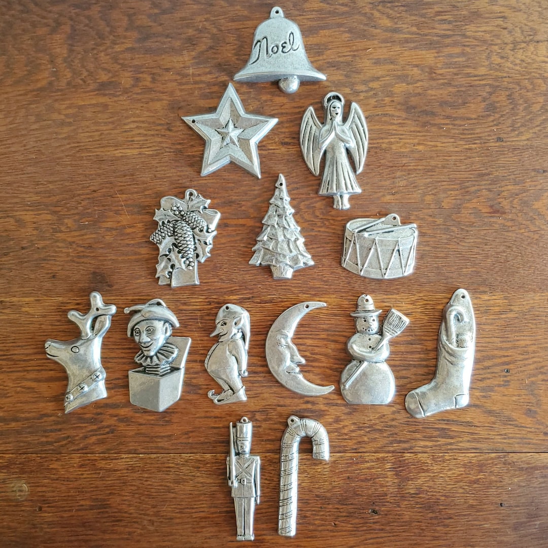 Set of 14 Vintage Pewter Christmas Tree Ornaments Country Etsy