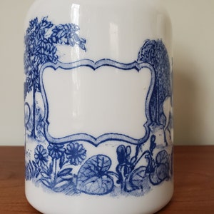 Set of 3 milk glass apothecary jars, made in Belgium, 1960s or 1970s, blue transferware, romantic carriage and horse scenes image 3