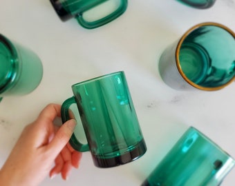 Emerald Green Gold-Rimmed Mugs (10 Available) - Sold Separately, Libbey Glass Juniper Teal Mug with D Handle, Retro Modern Chic - A351