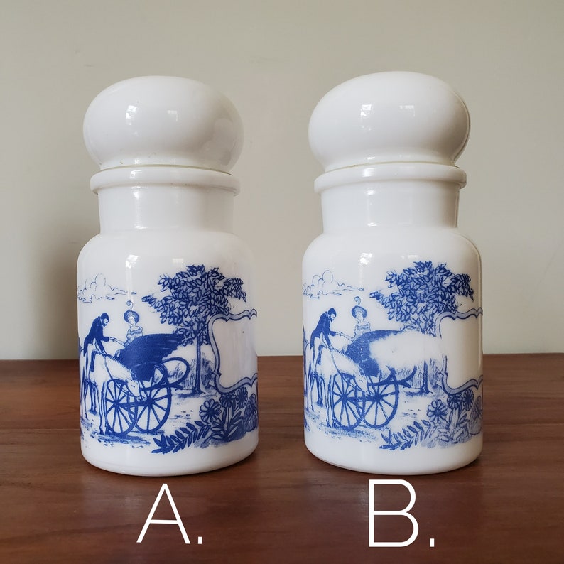 Set of 3 milk glass apothecary jars, made in Belgium, 1960s or 1970s, blue transferware, romantic carriage and horse scenes A