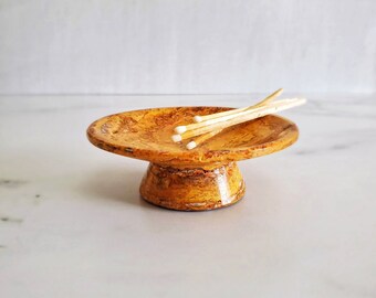 Marble Pedestal Dish - Made In Mexico, Orange Veined Marble, Handmade, Handcrafted Vintage Home Decor from Natural Stone - A323