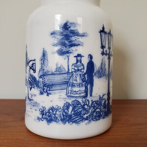 Set of 3 milk glass apothecary jars, made in Belgium, 1960s or 1970s, blue transferware, romantic carriage and horse scenes image 4
