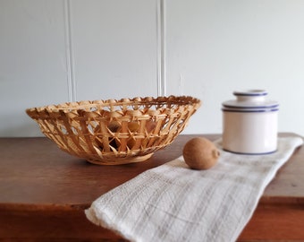 Ornate Vintage Bread Bowl Basket - 1970s handmade, eco-friendly and natural wood or reed, mid-century, boho, eclectic or farmhouse -A024