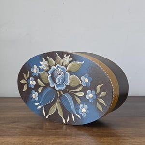 Blue and White Floral Painted Oval Box - Signed + Dated by Artist, 1985