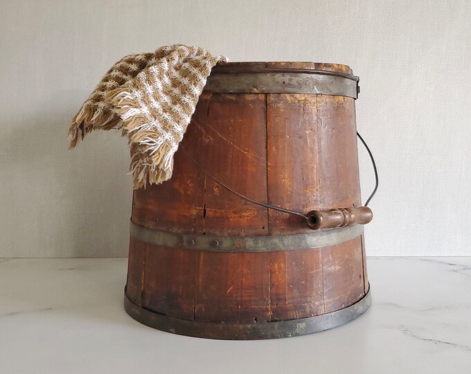 Antique Wood Stave Bucket With Steel Bands and Swinging Handle 19th
