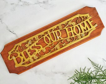 Bless Our Home Sign on Wood - Country Cottage or Farmhouse Wall Hanging Decor - Art, Brass or Gold Look - Home Blessing with Florals - A311