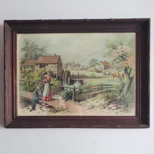 Antique Colored LOVE IN SPRING Litho in Carved Wood Frame - Muller, Luchsinger & Co, Victorian hand-colored fine art landscape print