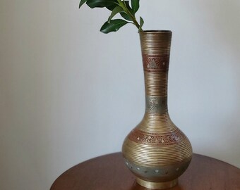 Indian Brass Vase with Red and Teal Enamel Design - 10 Inch Tall Solid Brass Flower Vase, Eastern Design, Made In India - A060