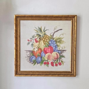 Vintage Fruit Still Life Crewel Embroidery: Handmade Framed Needlework