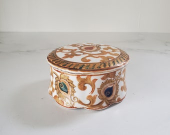 Gilt Ceramic Lidded Vessel - Persian Flora Motif, Gold, Orange, Green and Blue, Decorative Storage Jar with Lid