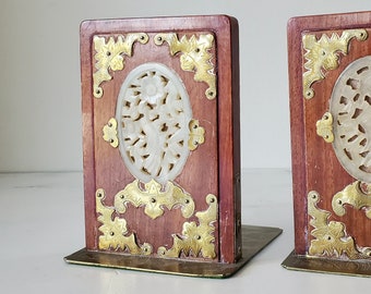 Chinese Wood, Brass + Jade Inlay Bookends - Auspicious Good Fortune Butterfly and Bats, Marriage, Wedding Newlywed gift, Valentines