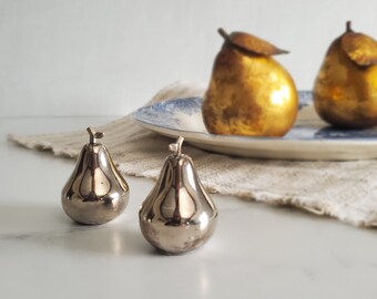 Silver Pear Salt and Pepper Shakers - Adorable petite fruit-shaped Grand Millennial, Traditional, Country Farmhouse Style - A168