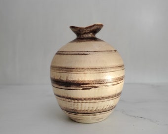 Brown Swirl Art Pottery Vase - Fine Art Ceramic Signed Vase for Display or Use, Brown and Off-white, Fluted Rim, Striped