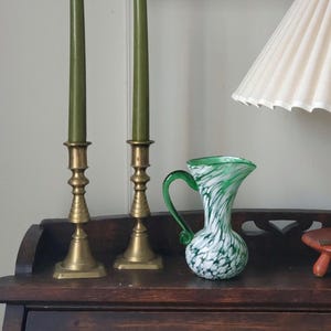 Handblown Green Marbled Glass Vase - Small glass pitcher with spout and handle,  handmade in West Virginia in the 1960s, Rainbow Brand