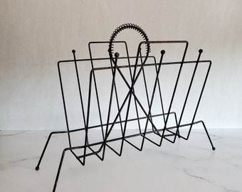 Retro Modern Magazine Rack - 1950s 1960s Matte Black Atomic MCM Storage Holder