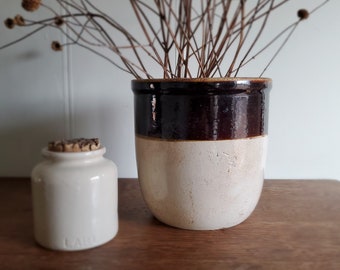 Large Two Tone Stoneware Crock - ANTIQUE - brown and beige, modern neutral or farmhouse decor, unique vase or home decor display piece -A045