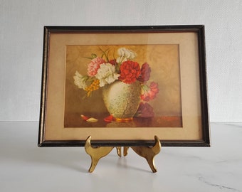 Carnation Lithograph - antique colored lithograph engraving, floral still life in chinese vase, original mat and frame, ready to hang 8 x 10
