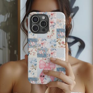 Custom Blue and Pink Patchwork Bow Initial Phone Case | Spring Flowers Quilt Aesthetic for iPhone 16 15 14 Pro Max & Galaxy S24 S23 Ultra