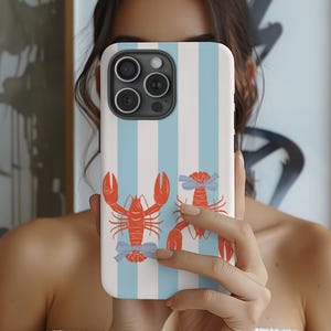 Summer Coastal Lobster Phone Case | Striped Seafood Mediterranean Aesthetic Tough Case | iPhone 16 15 14 Pro Max | Samsung s24 s23 Ultra