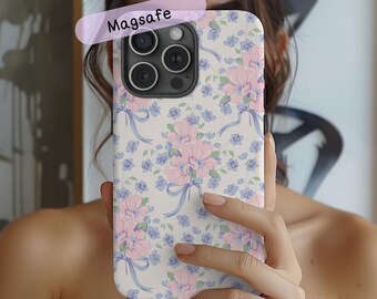 Vintage Pink Floral Phone Case, Blue Flowers Cellphone Cover, iPhone 17 16 15 Pro Max Plus & Galaxy s25 s24 Ultra, Preppy Girly Phonecase