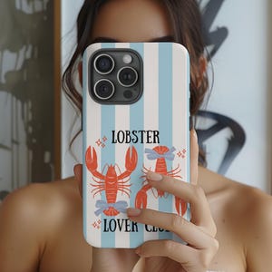 Lobster Lover Club Phone Case | Cute Striped Summer Coastal Tough Case | iPhone 16 15 14 Pro Max |Samsung s24 s23 | Nautical Aesthetic Cover