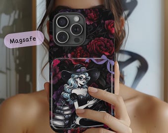 本好きのための花柄タフフォンケース | Magsafe対応ゴシックローズ柄スマホカバー | 読書好きへのギフト | iPhone 16 15 14 13 Pro Max Plus & Galaxy S25 S24
