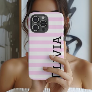 Personalized Pink Striped Phone Case | Monogram Case for iPhone 16 15 14 Pro Max & Samsung Galaxy s25 s24 | Minimalist Aesthetic Phone Case