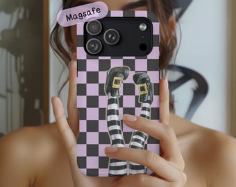 Purple Black Checkered Phone Case, Witch Aesthetic Cellphone Cover, Spooky Halloween Case Gift, iPhone 17 16 15 Pro Max Air & Galaxy s26 s25