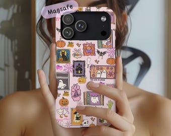 Pink Halloween Ghosts Phone Case, Spooky Frame Cellphone Cover, iPhone 17 16 15 Pro Max Air & Galaxy s26 s25 s24 Ultra, Pumpkin Phonecase