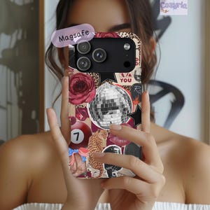 May include: A phone case featuring a collage design with a silver disco ball, a leopard, a red rose, a number seven billiard ball, a microphone, and red lips. The case includes a Magsafe magnetic ring and the text Cozyria in the corner.