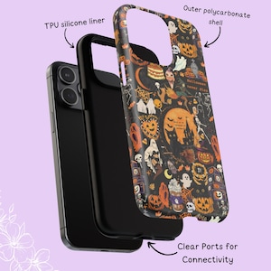 May include: A phone case with a black background and orange Halloween-themed illustrations including pumpkins, ghosts, skeletons, and text reading Halloween never dies. The case features a TPU silicone liner and an outer polycarbonate shell.