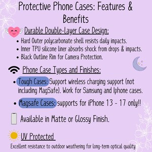 May include: An informational graphic on a light purple background detailing protective phone case features. Text includes: Protective Phone Cases: Features & Benefits, Durable Double-Layer Case Design, Phone Case Types and Finishes, and UV Protected.