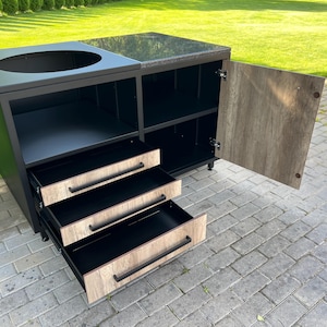 Szafka na grilla, stół Green Egg, kuchnia zewnętrzna do grilla kamado, stół do grilla kamado, kuchnia z ceramicznym grillem, stół zewnętrzny do grilla ceramicznego