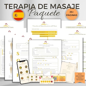 May include: A set of printable forms for massage therapy businesses. The forms include a client intake form, a consent form, a receipt form, and a feedback form. The forms are designed in a professional and modern style with a yellow and red color scheme. The text on the forms is in Spanish.