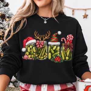 Sweat-shirt de Noël avec bocaux de cornichons | Sweat-shirt ras du cou avec décorations de cornichons pour les fêtes