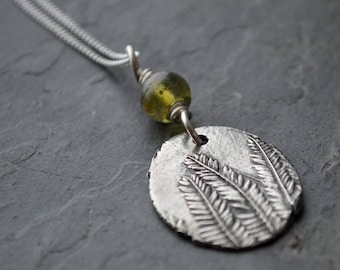 Plant Necklace, Catclaw Sensitive Briar, Sterling Silver, Green Tourmaline Gemstone, Botanical Necklace, Prairie Plant, Leaf Necklace,