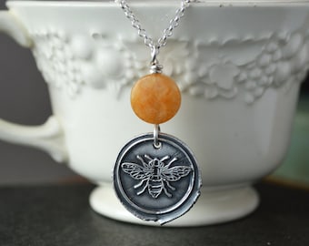 Silver Bee Necklace with Honey Jade Gemstone, Pollinator Jewelry, Wax Seal Pendant, Rustic Style, Gift for Entomologist