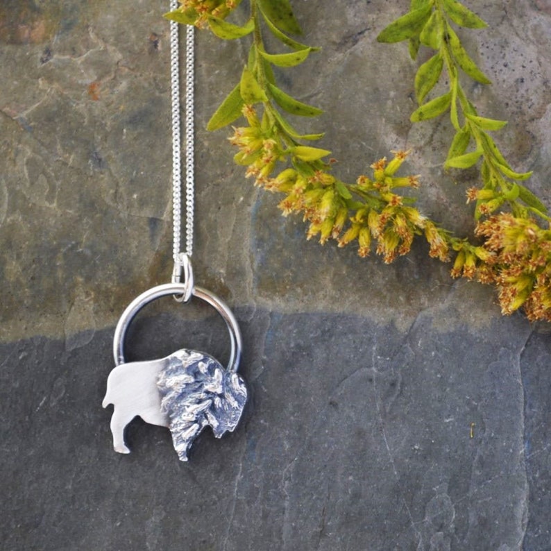 Bison Necklace with Goldenrod Texture in Silver, Buffalo Jewelry, Western Style Pendant, Gift for Her image 1