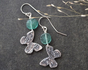 Silver Butterfly Earrings with Teal Ancient Roman Glass, Prairie Grass Texture, Botanical Jewelry, Nature Lover Gift